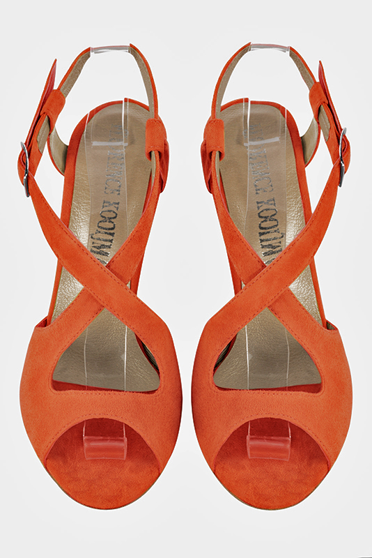 Clementine orange women's open back sandals, with crossed straps. Round toe. High kitten heels. Top view - Florence KOOIJMAN